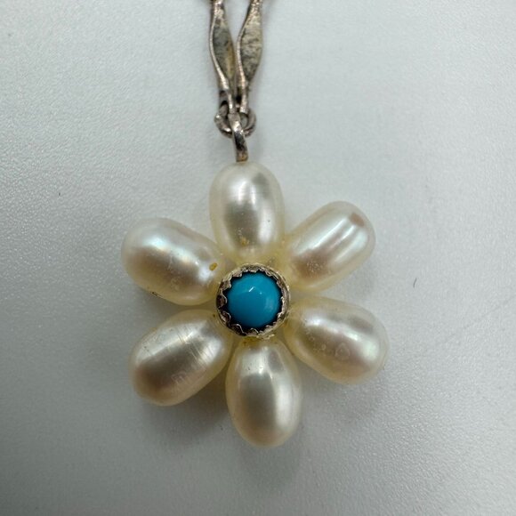Vtg 18" Freshwater Pearl Necklace Sterling 925 w/Pearl Daisy & Turquoise Pendant - Picture 6 of 16